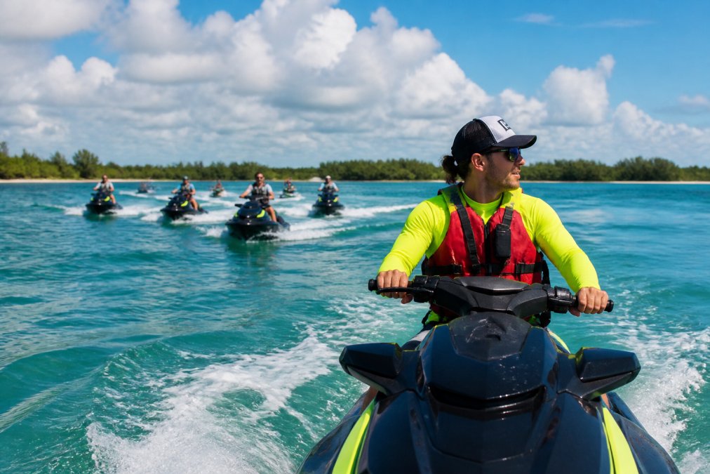 Small group of tourists on jet skis racing across turquoise Gulf Coast waters with a professional guide leading in the foreground, wearing bright safety gear and life jackets