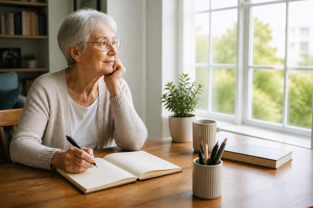 Older adult sitting at a wooden desk with a journal and pen, sunlight streaming through a large window, looking thoughtful while writing in their notebook