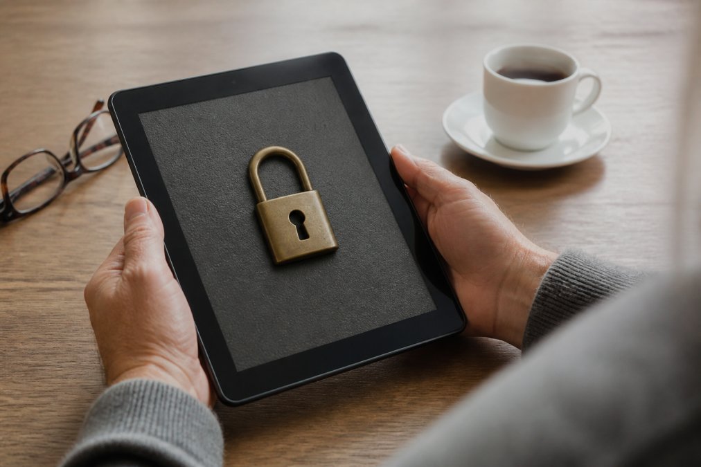 Hands holding a tablet displaying a secure digital document, with a coffee cup and reading glasses nearby on a wooden desk, soft natural lighting