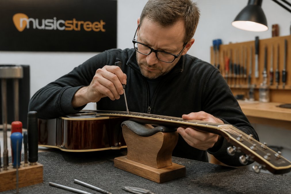 Skilled technician working on guitar neck adjustment with precision tools in a well-lit workshop, concentrating on fine-tuning the truss rod
