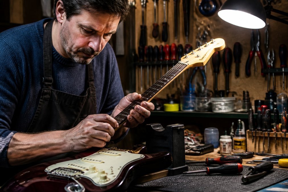 Luthier examining an electric guitar neck under a bright lamp during a guitar repair Huntingdon workshop session.