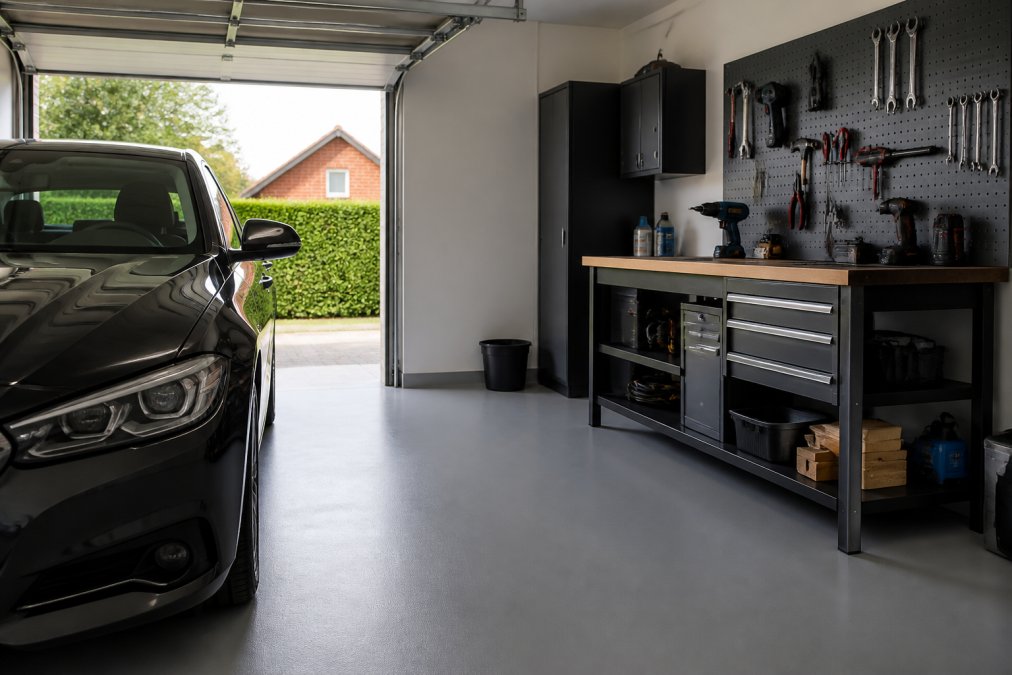 Gulv til garage test 2026: Bedste løsninger og priser 2 A Danish garage with a newly installed grey epoxy floor, a car parked on it, and a workbench with tools along the wall, natural daylight from the open garage door