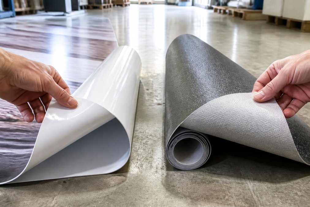 To rolls of floor graphics side by side on a concrete floor: one thin printed adhesive film with a glossy surface, one thicker textured PVC roll. A person's hands unroll a small corner of each to show the material difference. Bright warehouse or workshop setting with natural light.