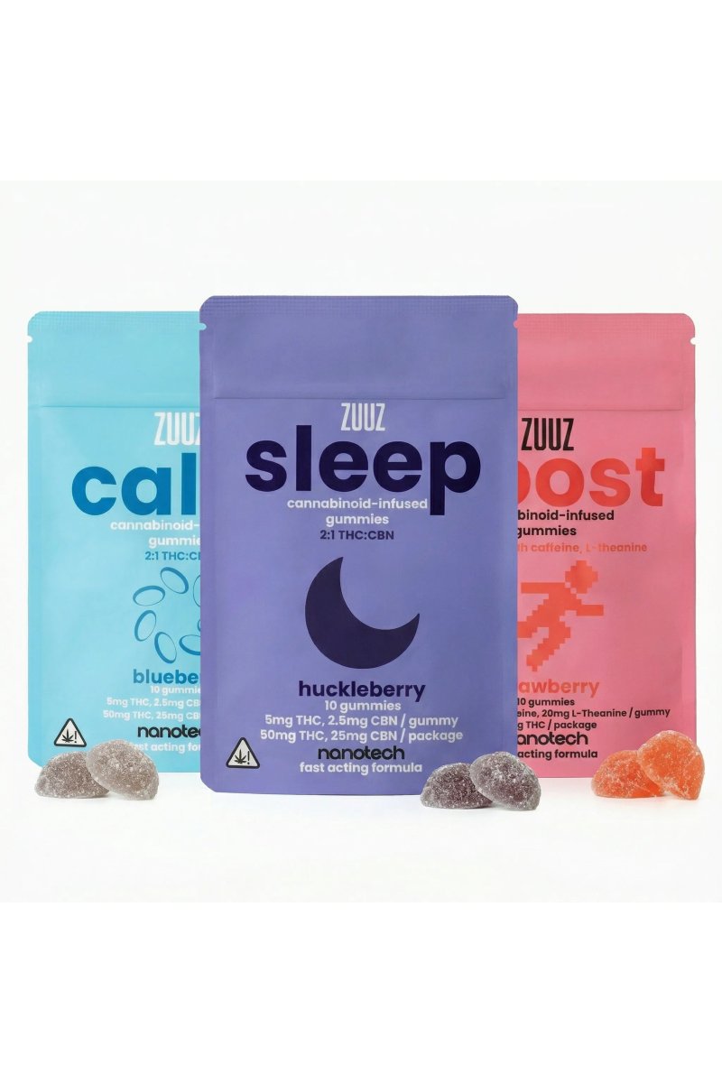 A flat-lay photo of the ZUUZ Gummy Starter Pack on a wooden table, showing the four distinct gummy flavors in small bowls, with soft natural lighting and a relaxed, cozy atmosphere