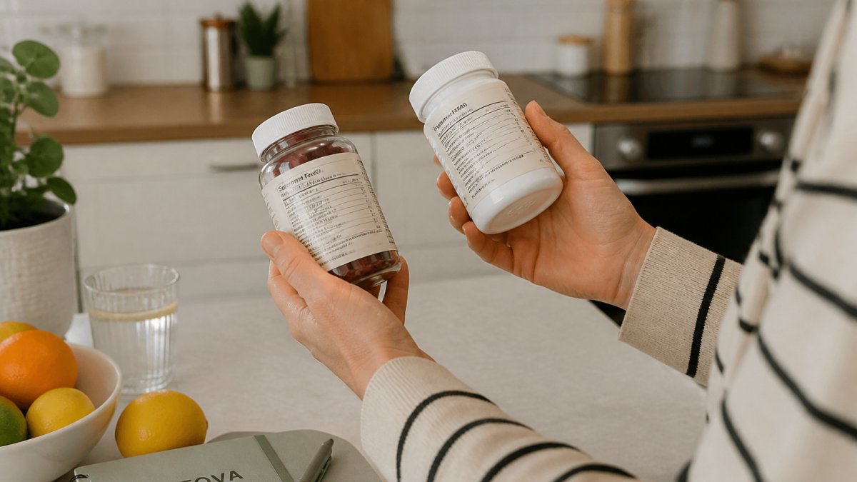 Close-up of a person's hands holding two supplement containers side by side, turning one to read the ingredient label, on a kitchen worktop with natural daylight