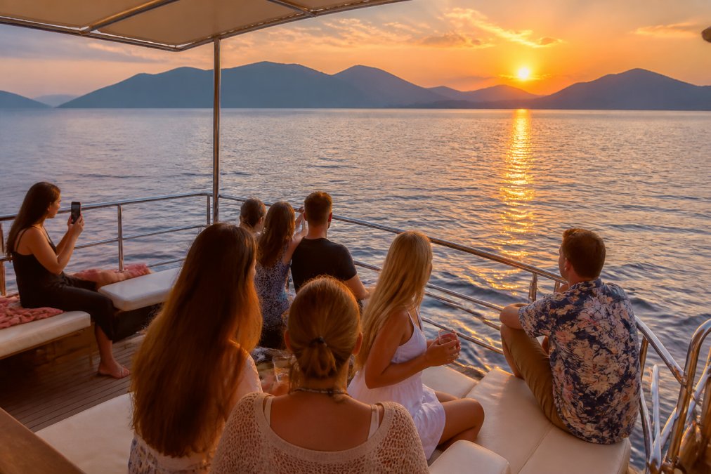 Turist grubu teknede oturuyor, arka planda Fethiye'nin dağları ve turuncu-pembe gökyüzü görülüyor, güneş denize yaklaşıyor, denizin yüzeyi altın rengine boyandı