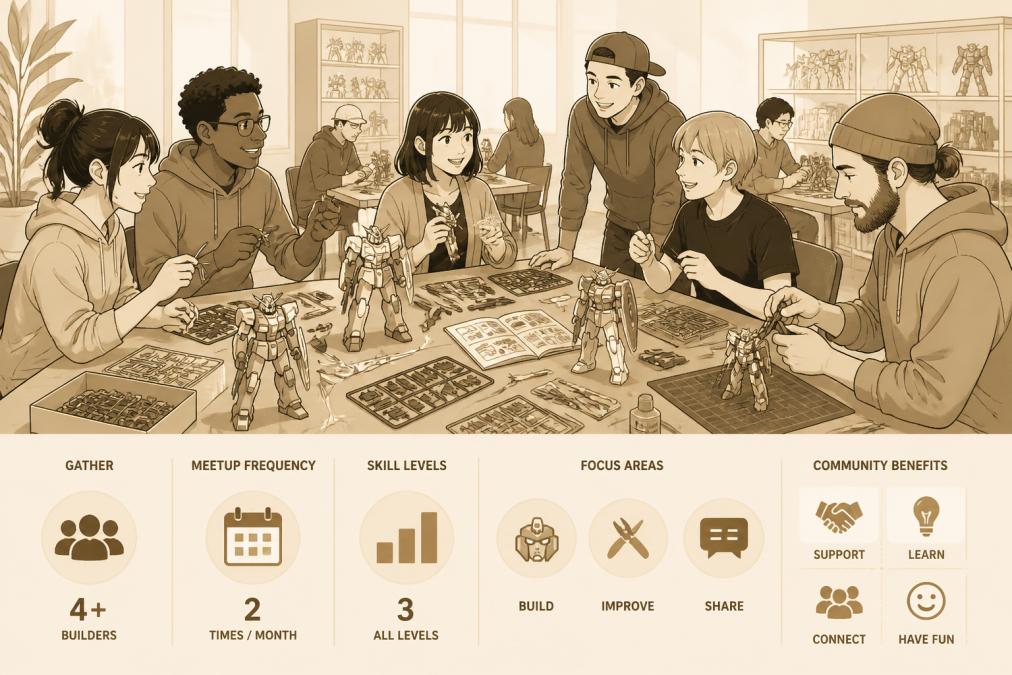 A group of diverse hobbyists gathered around a table covered with Gundam model kits and building tools, chatting and working on their projects in a bright community center or local game store