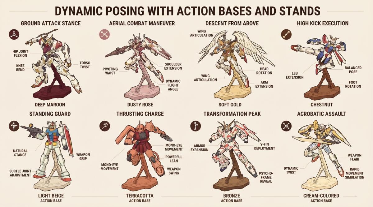 A collection of Gundam models in dynamic poses on various colored action bases, showcasing different articulation angles and stance varieties