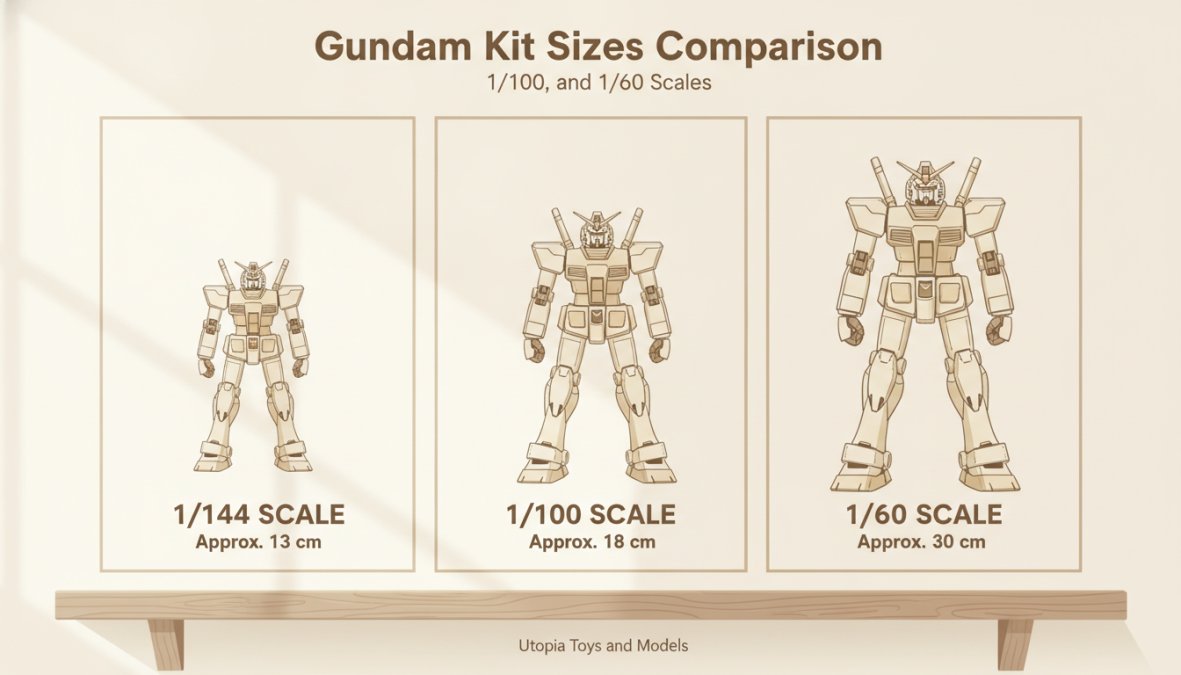Three assembled Gundam model kits in different scales displayed side by side on a wooden shelf with soft natural window lighting, clearly showing the size progression from compact 1/144 to towering 1/60