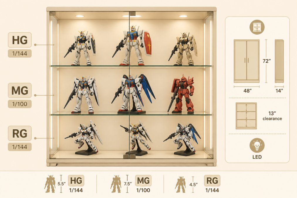 A collection of HG, MG, and RG Gundam models displayed in a glass-door cabinet with soft LED strip lighting, showing various scales and dynamic poses