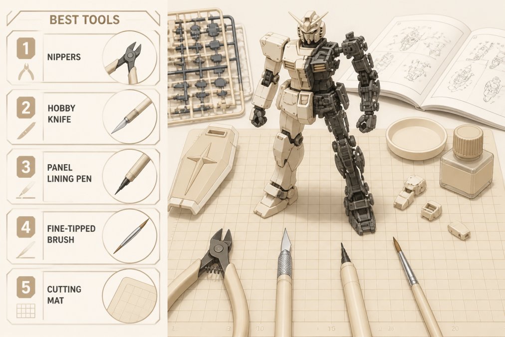 Close-up of hobby builder's workstation showing nippers, hobby knife, panel lining pen, fine-tipped brush, and partially assembled Master Grade Gundam model with internal frame visible