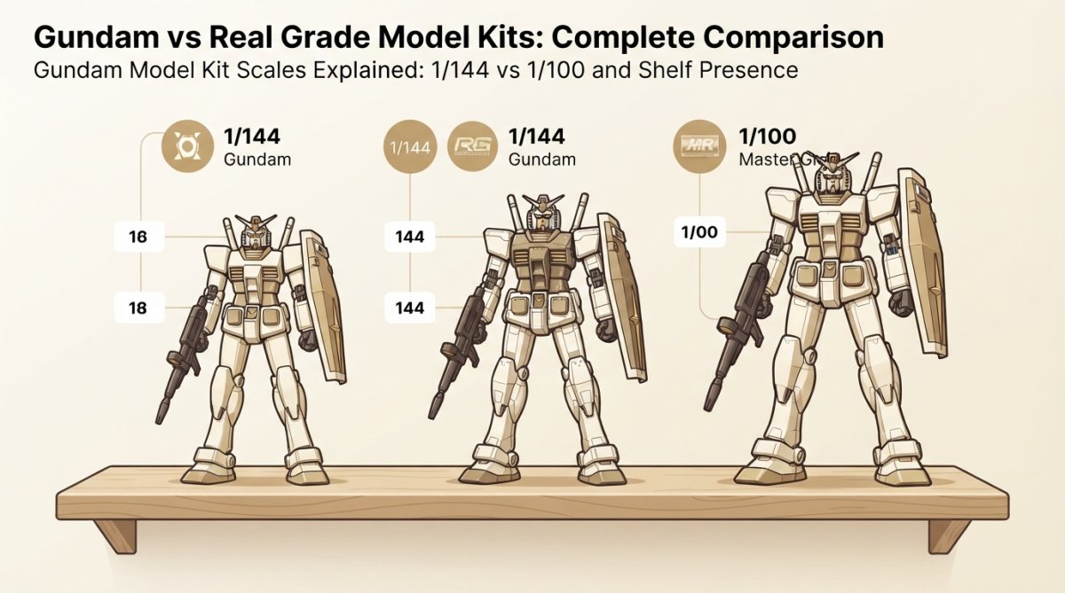 Three assembled Gundam model kits of different scales lined up on a wooden shelf with studio lighting, showing 1/144 High Grade, 1/144 Real Grade, and 1/100 Master Grade side by side to demonstrate size differences