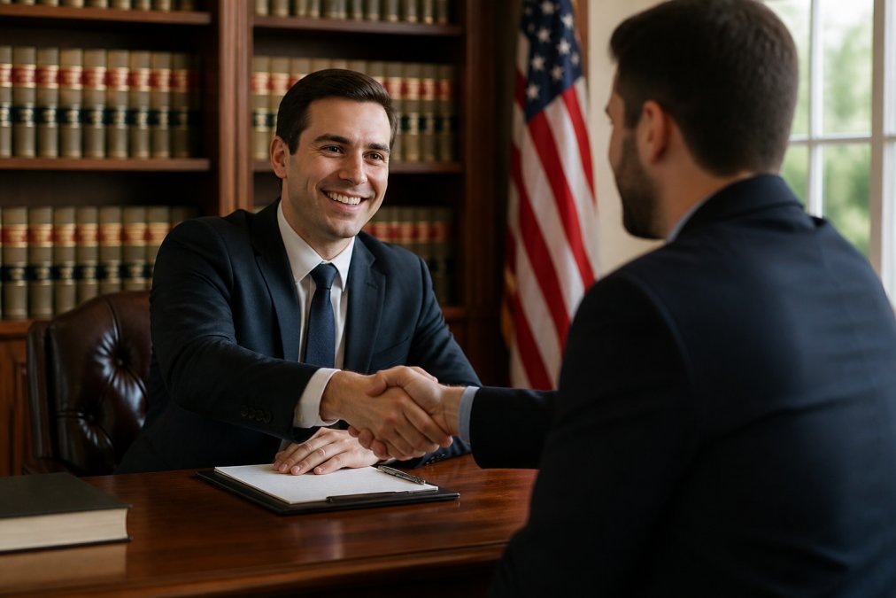 A friendly attorney in a business suit shaking hands with a client across a wooden desk in a warm, welcoming office, with law bookshelves and an American flag softly blurred in the background