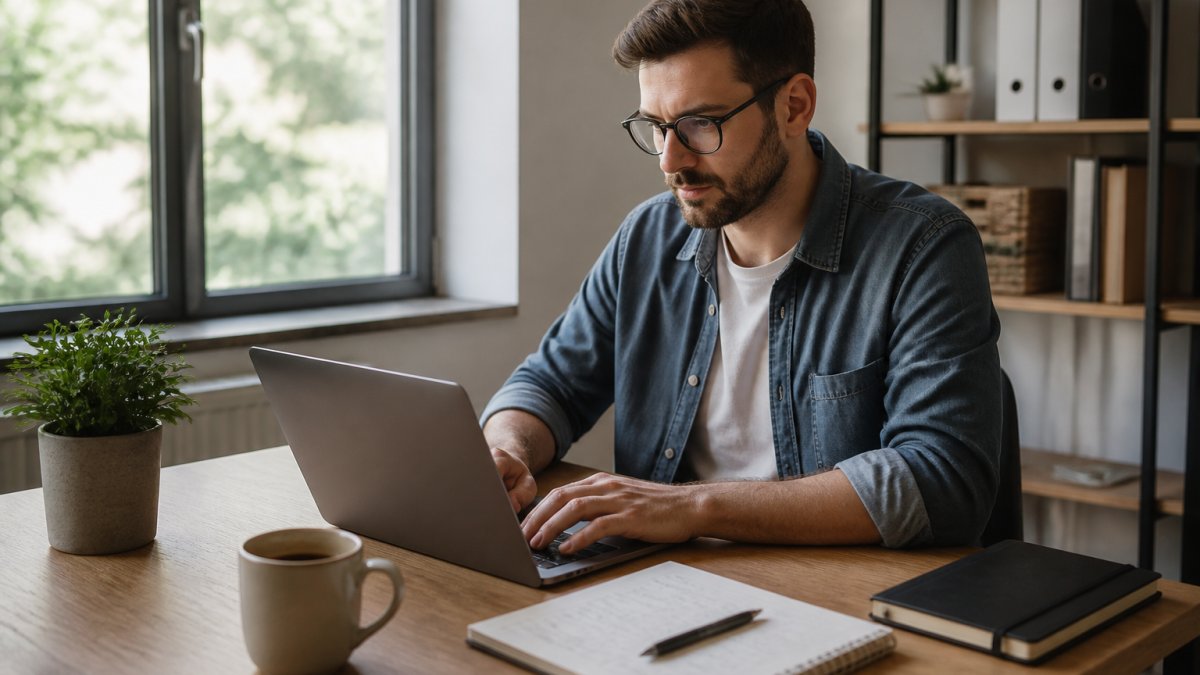 Freiberufler arbeitet an seinem Laptop, während er eine günstige Domain registrieren möchte.