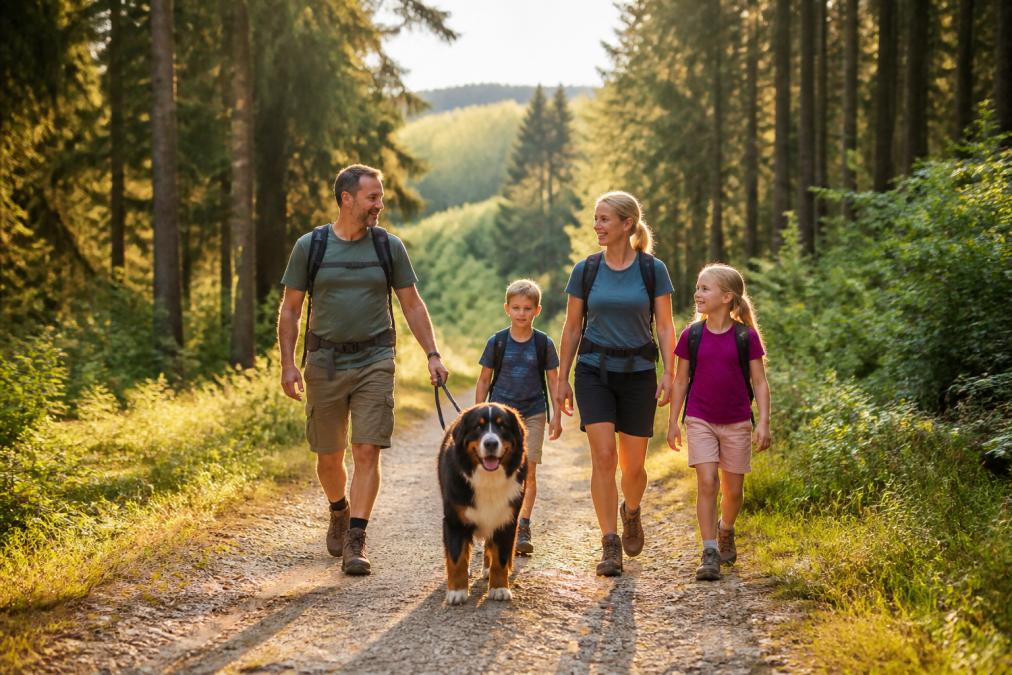 Eine Familie mit einem großen Hund wandert auf einem breiten Waldweg im Waldviertel, sanfte Hügel und dichtes Nadelholz zu beiden Seiten, warmes Nachmittagslicht fällt durch die Bäume