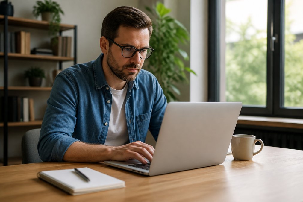 Unternehmer sitzt an seinem Schreibtisch und überprüft die Website seines kleinen Unternehmens auf einem modernen Laptop, mit Notizbuch und Kaffeetasse daneben, natürliche Fensterbeleuchtung