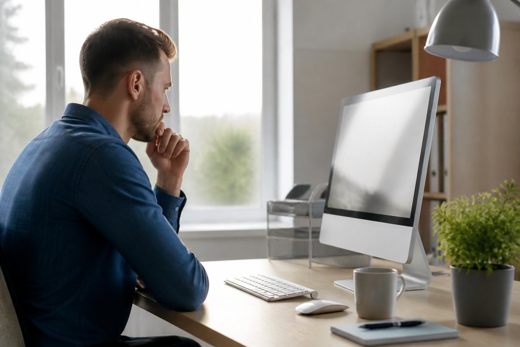 Person prüft in einem hellen Büro an einem Monitor das Dashboard für günstiges Hosting, das nicht teuer sein muss.