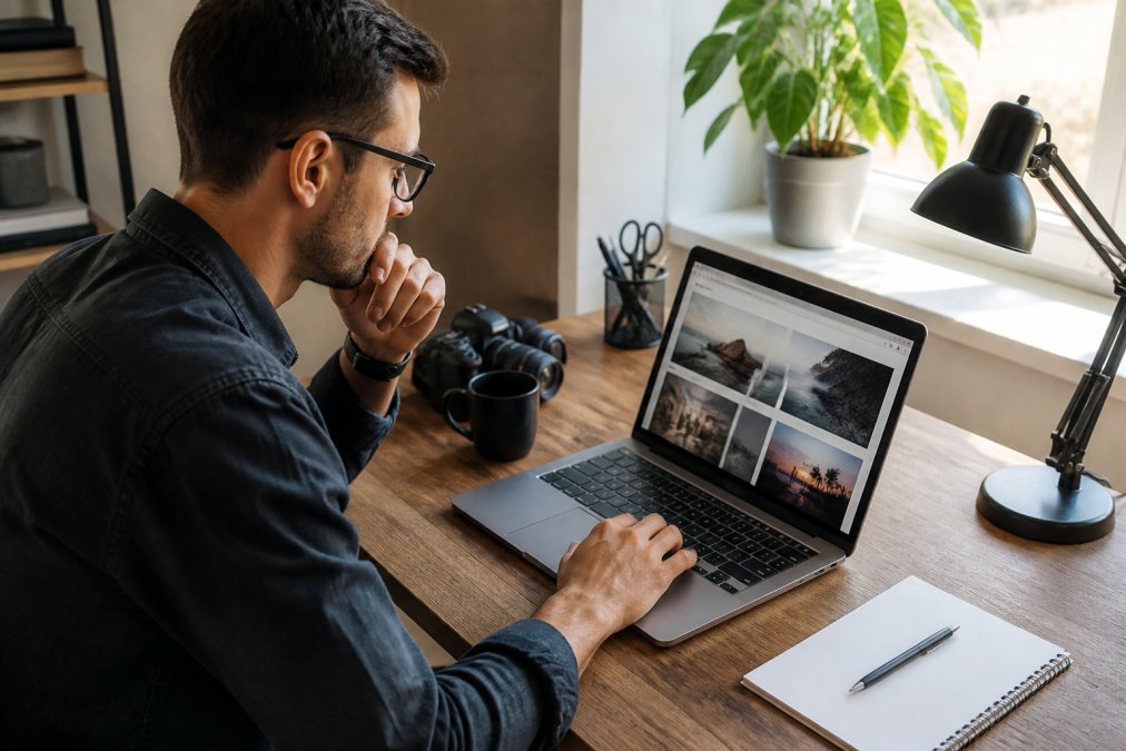 Freelancer oder Designer sitzt konzentriert am Laptop und überprüft WordPress-Website auf Funktionalität, mit mehreren Browserfenstern geöffnet auf dem Bildschirm, natürliches Tageslicht fällt auf den Schreibtisch