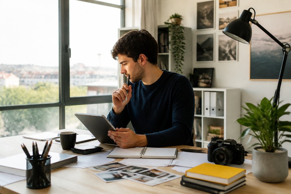 Junger Unternehmer oder Designer sitzt mit Tablet und Notizen an modernem Schreibtisch, plant Expansion seiner Online-Präsenz, mehrere Fenster mit Analytics und Website-Statistiken sichtbar, helles Büro mit Fensterblick
