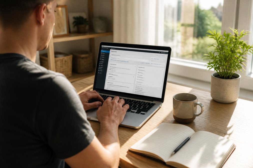 Person sitzt entspannt an einem hellen Holzschreibtisch vor einem aufgeklappten Laptop, auf dem Bildschirm ist ein WordPress-Dashboard sichtbar, neben dem Gerät stehen eine Kaffeetasse und ein aufgeschlagenes Notizbuch, warmes natürliches Tageslicht fällt durchs Fenster