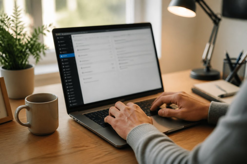 Nahaufnahme von Händen, die auf einer kompakten Laptop-Tastatur tippen, auf dem Bildschirm im Hintergrund ist ein WordPress-Administrationsbereich mit schwarzer Seitenleiste sichtbar, modernes Home-Office-Setting mit warmem Schreibtischlicht