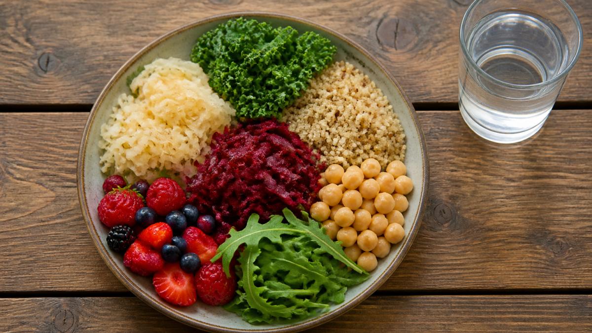 Infographic illustrating nutrient-dense foods for gut health and hormonal balance on a wooden table.
