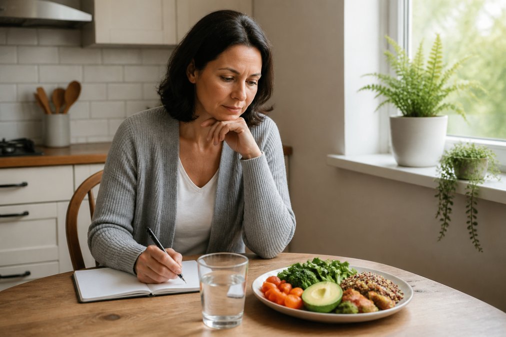 A woman in her 40s sitting at a kitchen table with a notebook, looking thoughtfully at a plate of whole foods and a glass of water, soft morning light through the window