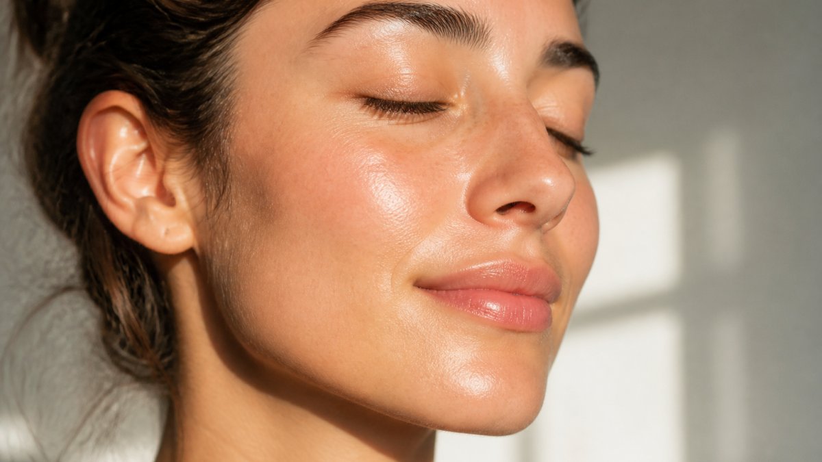 Close-up of healthy, glowing skin on a person's face showing clear complexion and smooth texture with natural morning light