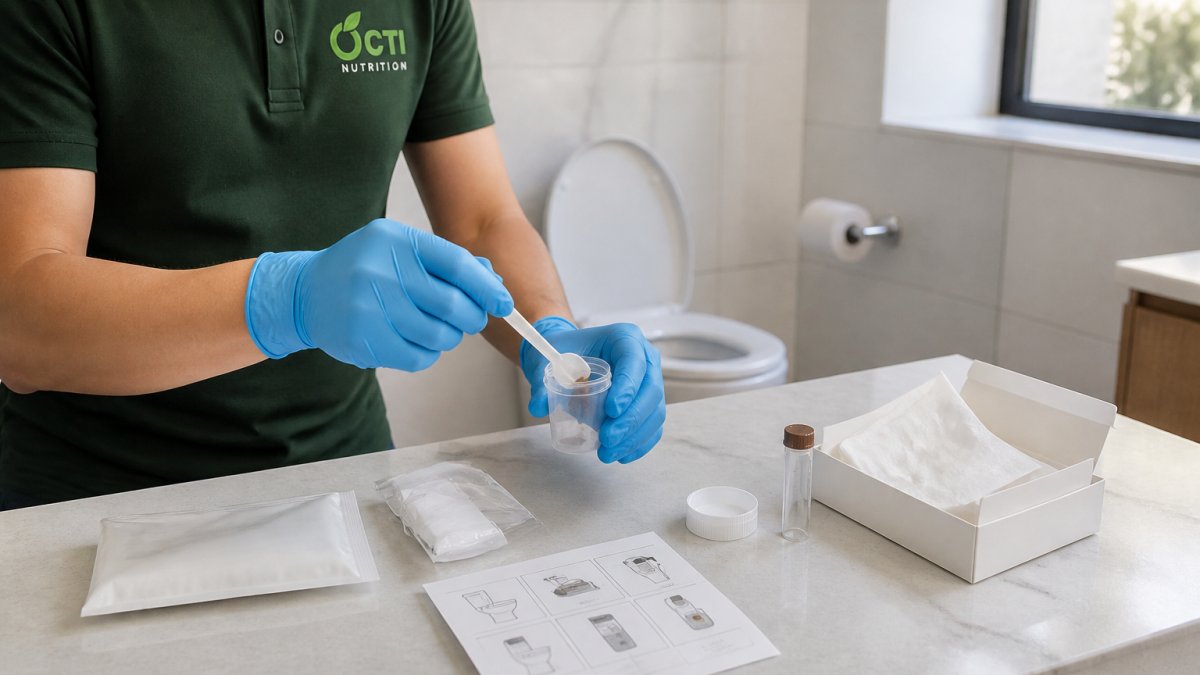 Professional demonstrating proper stool sample collection technique using sterile container and collection kit in clean bathroom setting with natural lighting