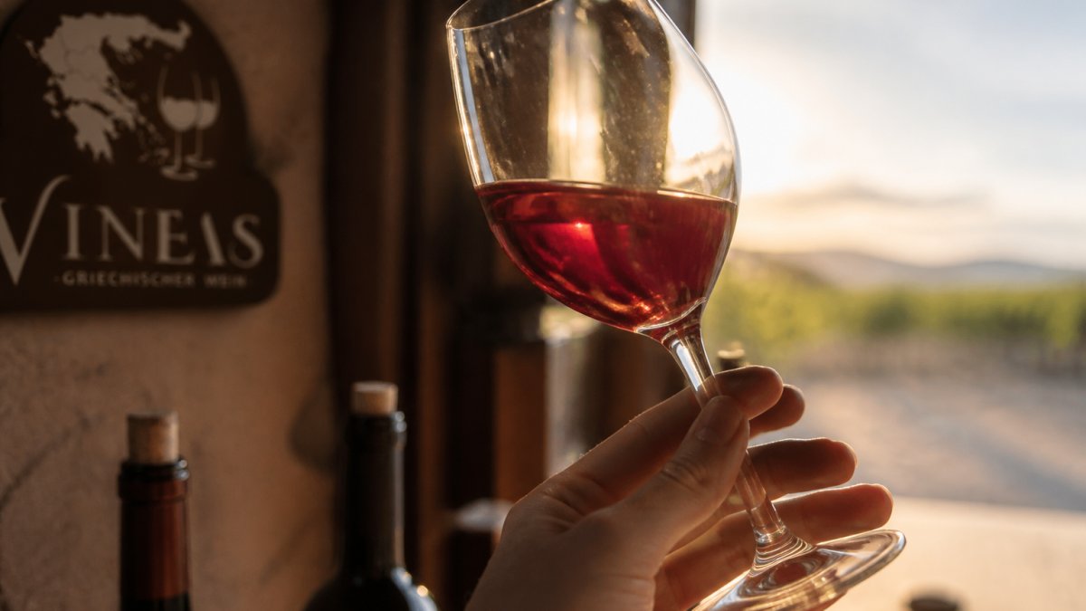 Nahaufnahme eines Weinglases gegen helles Licht, das die goldenen und rubinroten Farbnuancen eines griechischen Weins zeigt, während eine Hand das Glas zum Licht hält und die Klarheit prüft