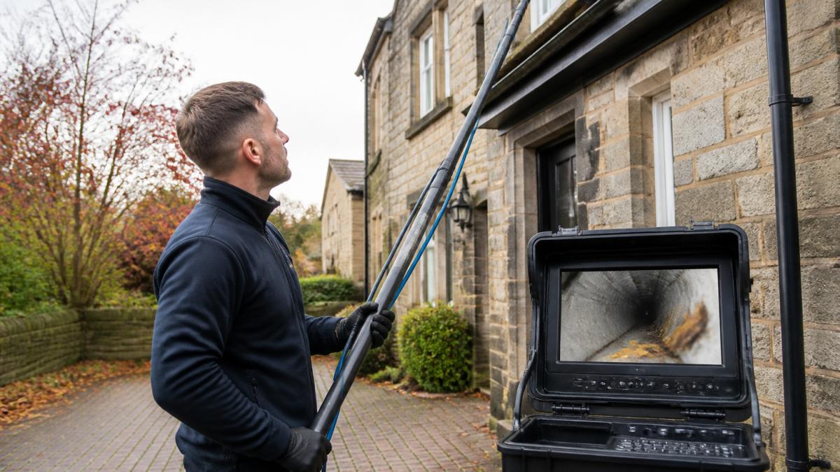 Technician using a gutter vacuum and inspection camera at a stone house