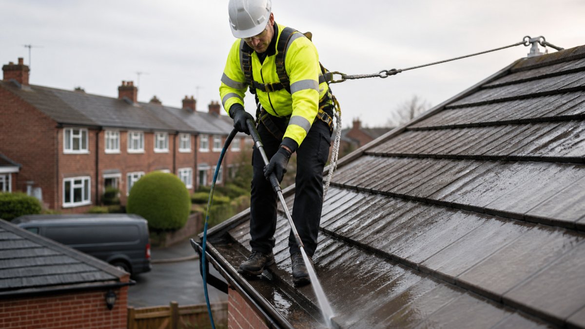Professional demonstrating gutter cleaning power washing technique with proper safety harness secured to roof anchor point, wearing hard hat and high-visibility clothing