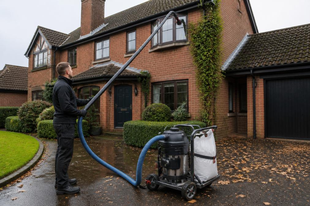 Professional technician operating high-reach gutter vacuum equipment on residential property, with ground-level control unit visible and debris collection system, showing safe technique without ladder climbing
