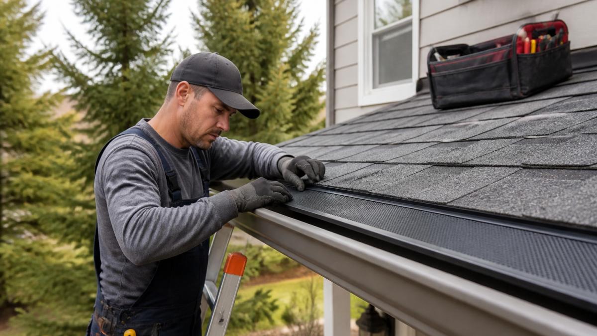 A worker on a ladder installing a micro-mesh gutter guard onto a residential gutter, with pine trees visible in the background and a toolbox resting on the roof edge
