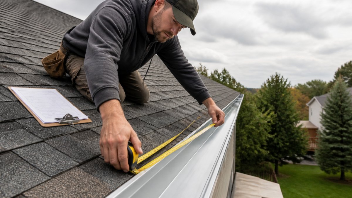 A contractor in work clothes kneeling on a shingled roof, measuring a length of seamless aluminum gutter with a tape measure, clipboard resting beside him, overcast daylight