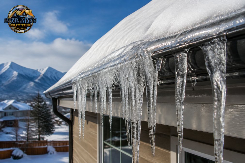 Close-up of icicles and thick ice buildup along a residential gutter line during winter, with snow-covered roof and frozen water formations hanging from the fascia