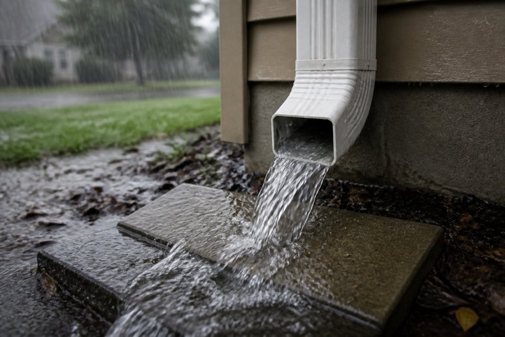 A close-up photo of a large 3x4 inch rectangular downspout attached to a home's exterior wall, with water flowing rapidly out of the bottom during a heavy rainstorm, splashing onto a concrete splash block