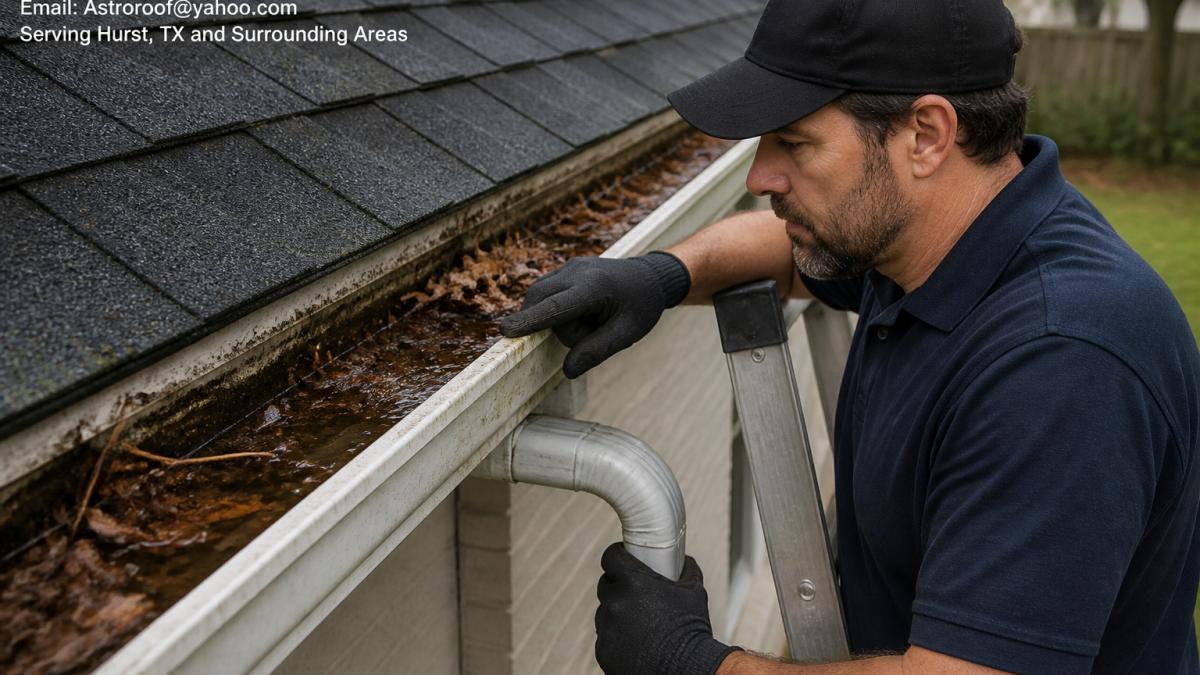 Professional inspector examining gutter system from ladder, pointing out debris accumulation and checking downspout connection with leaves and standing water visible in gutter