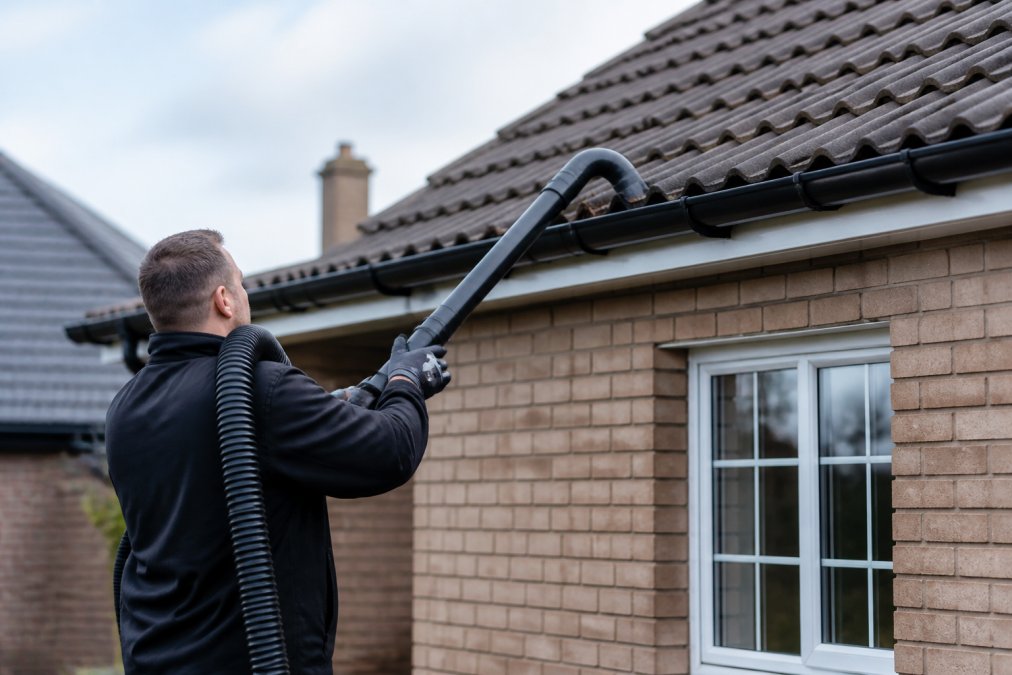Professional technician using high-reach gutter vacuum equipment to extract leaves and debris from residential gutters, showing the vacuum hose in action against the roofline