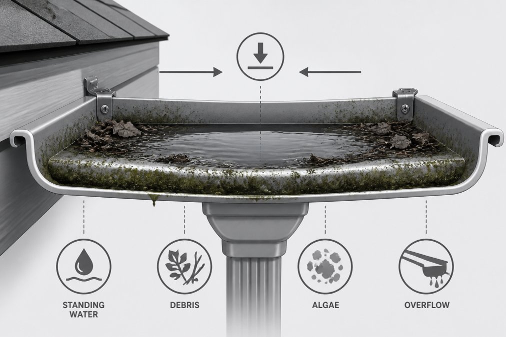 Close-up of residential gutter section showing standing water pooling in the middle with visible debris, algae growth, and mineral deposits demonstrating improper slope