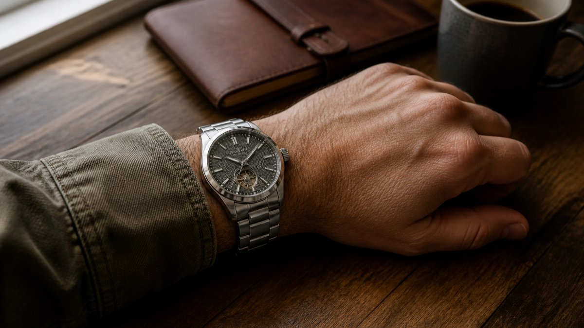 Close-up of a man's wrist wearing a stainless steel mechanical watch with a textured dial, resting on a wooden desk beside a leather notebook and a cup of coffee, soft natural window light