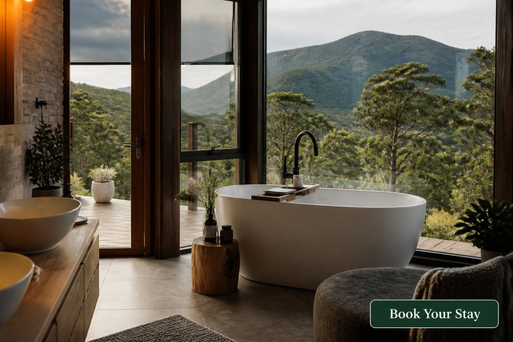 Serene private villa nestled in natural bushland with mountain views, showing a tranquil spa bath area with soft lighting and wellness amenities, emphasising solitude and exclusivity