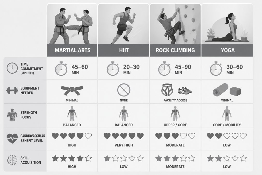 Comparison matrix showing time commitment (minutes per session), equipment needed, strength focus (upper/lower/core), cardiovascular benefit level, and skill acquisition for each workout alternative: Martial Arts 45-60 min, minimal equipment, balanced, high cardio, high skill; HIIT 20-30 min, none, balanced, very high cardio, low skill; Rock Climbing 45-90 min, facility access, upper/core, moderate cardio, high skill; Roller Skating 45-60 min, skates, lower/core, high cardio, moderate skill; Bodyweight Training 20-45 min, none, balanced, varies, low skill; Group Fitness 45-60 min, facility/mat, varies, moderate-high, low skill; Yoga 45-90 min, mat, core/flexibility, low, moderate skill