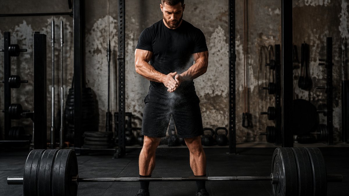 Focused lifter with chalky hands preparing to lift a heavy barbell in a dimly lit iron gym wearing a black t-shirt