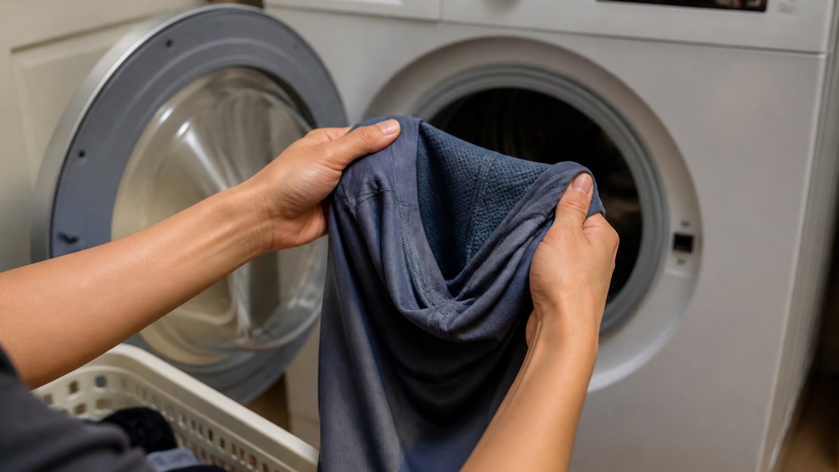 Close-up of hands turning gym clothes inside out before placing them in a washing machine, showing the garment being carefully inverted