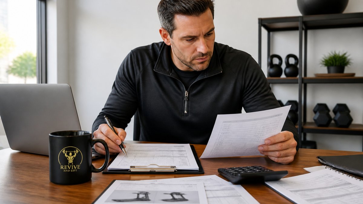 Gym owner reviewing loan paperwork and equipment quotes on a laptop at a desk