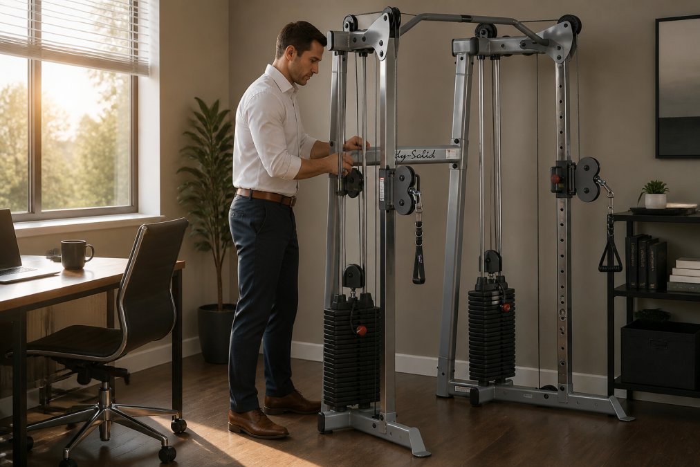 Professional in business casual attire setting up compact gym equipment in a home office corner during early morning, with natural light streaming through windows