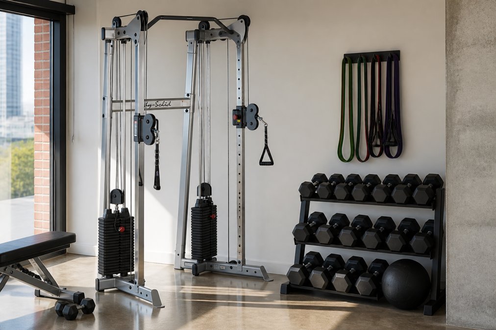 Compact home gym corner in modern apartment featuring a functional trainer, organized dumbbell rack with multiple weights, and resistance bands on wall mount, with polished concrete flooring and natural morning light