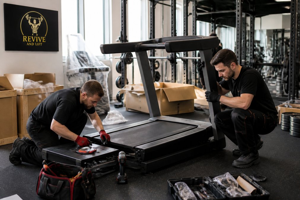 Two technicians performing a commercial gym equipment installation on a treadmill in a fitness facility