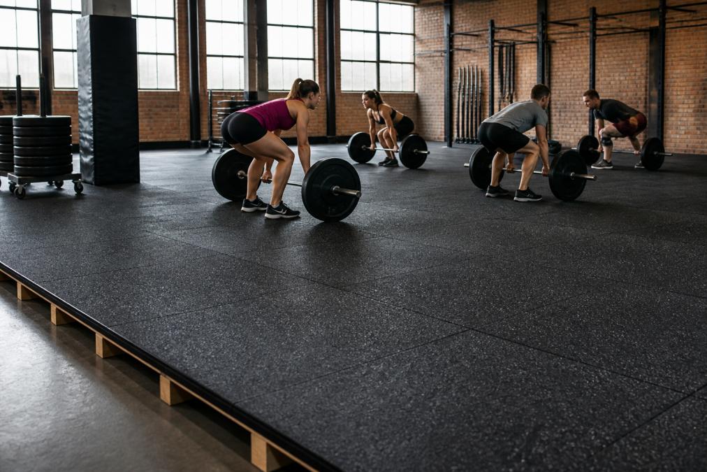 Professional gym facility with athletes training on sprung flooring system, showing high-impact zones and shock absorption features in bright training environment